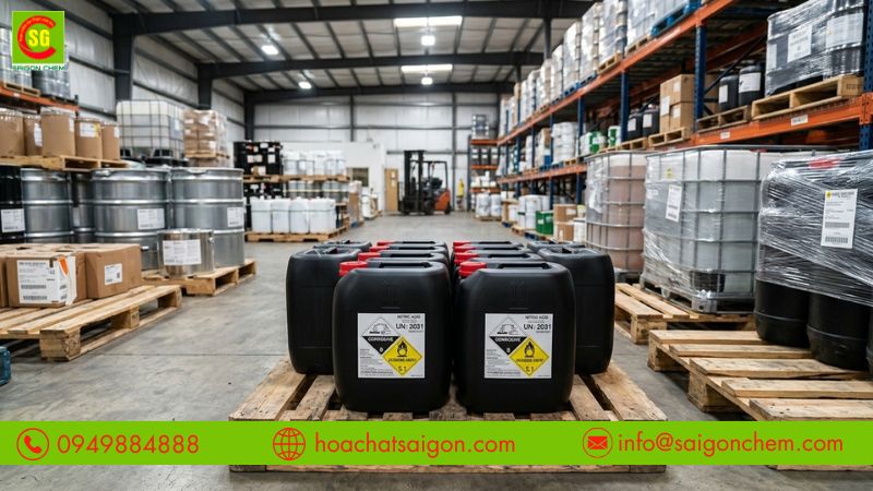 Axit nitric HNO3 dạng lỏng, m&agrave;u trong suốt hoặc v&agrave;ng nhạt